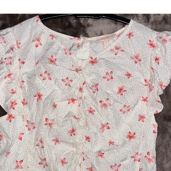 Rebecca Taylor Floral‎ Silk Blend Blouse Top Size 0 XS White Pink Short Sleeve - Picture 6 of 8